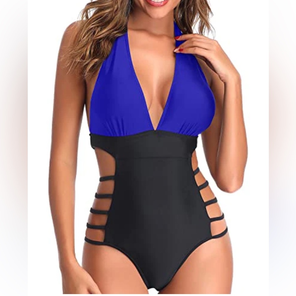 NWT Aqua Eve One-Piece Sexy Swimsuit Halter Plunge V-Neck Side Cutouts Size XS